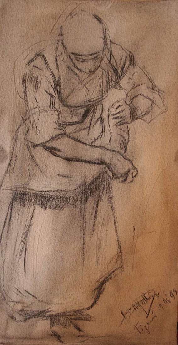 José Malhôa - Draw - charcoal on paper - 29 x 15cm -XIX: A rare draw from Portuguese naturalist school of paint. The famous painter José Malhôa. Charcoal on paper. Signed and dated 19 august 1889. Localized "Figueira".Provenance: Acquired by the portugues