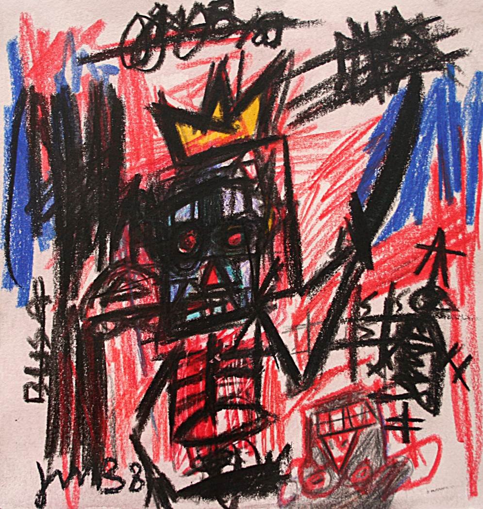 Jean Michel Basquiat - Oilstick drawing: Exceptional oilstick drawing, Standing Man With Sword, by/attributed to Jean-Michel Basquiat (1960-1988). Signed in oilstick lower left. 24 x 24cm (centimeters/ draw area). Very good condition. Framed