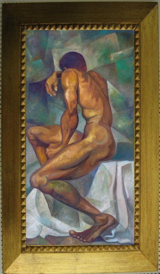 European school - Art deco paint - German - early XX: A marvelous big paint of early XX century. Acquired in German by the Family's owner. A male nude whit modern composition.Dimensions: 105 x 53cm (centimeters - área paint)