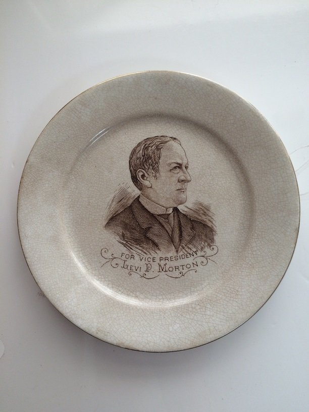 LEVI P MORTON VISE PRESIDENTIAL CAMPAIGN DINNER PLATE: ANTIQUE LEVI P MORTON VICE PRESIDENTIAL CAMPAIGN 8 INCH WARRANTED IRONSTONE CHINA DINNER PLATE IT HAS CRAZING AND A SMALL CHIP ON BACK SIDE PLEASE SEE PICTURES , WE OFFER IN HOUSE SHIPPING