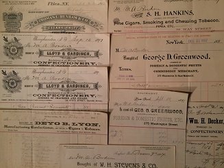 COLLECTION OF 1800"S EMPHEMERA: COLLECTION OF 10 OLD SHOPPING BILLS FROM UPSTATE N.Y CIRCA 1890"S ALL IN GOOD CONDITION , WE OFFER IN HOUSE SHIPPING