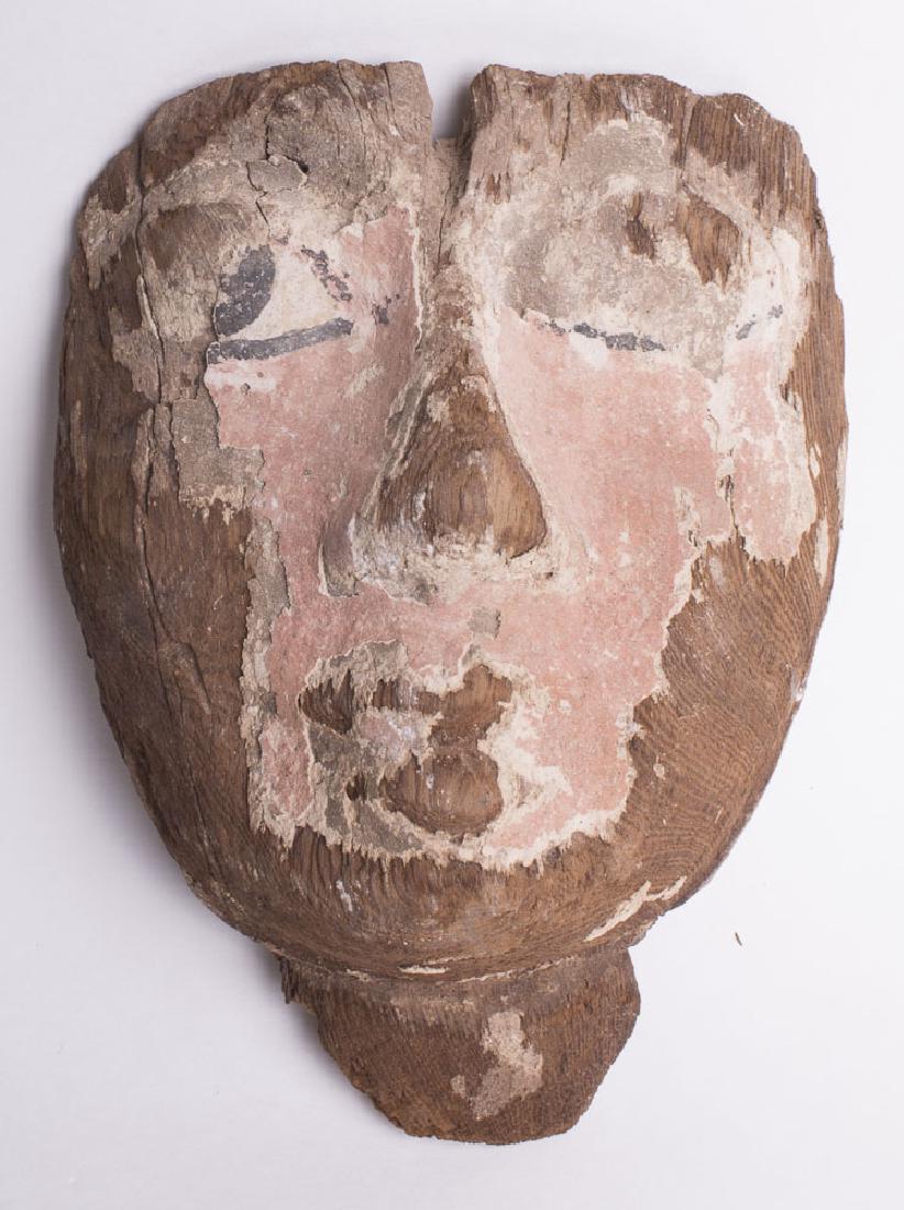 Ancient Egyptian Wood Mask THIRD INTERMEDIATE PERIOD,: Ancient Egyptian Wood Mask THIRD INTERMEDIATE PERIOD, 22ND DYNASTY, 945-715 B.C. Size: 6 3/4 inches high x 5 inches. painted gesso wooden sarcophagus mask with painted white and black eyes. Condition:
