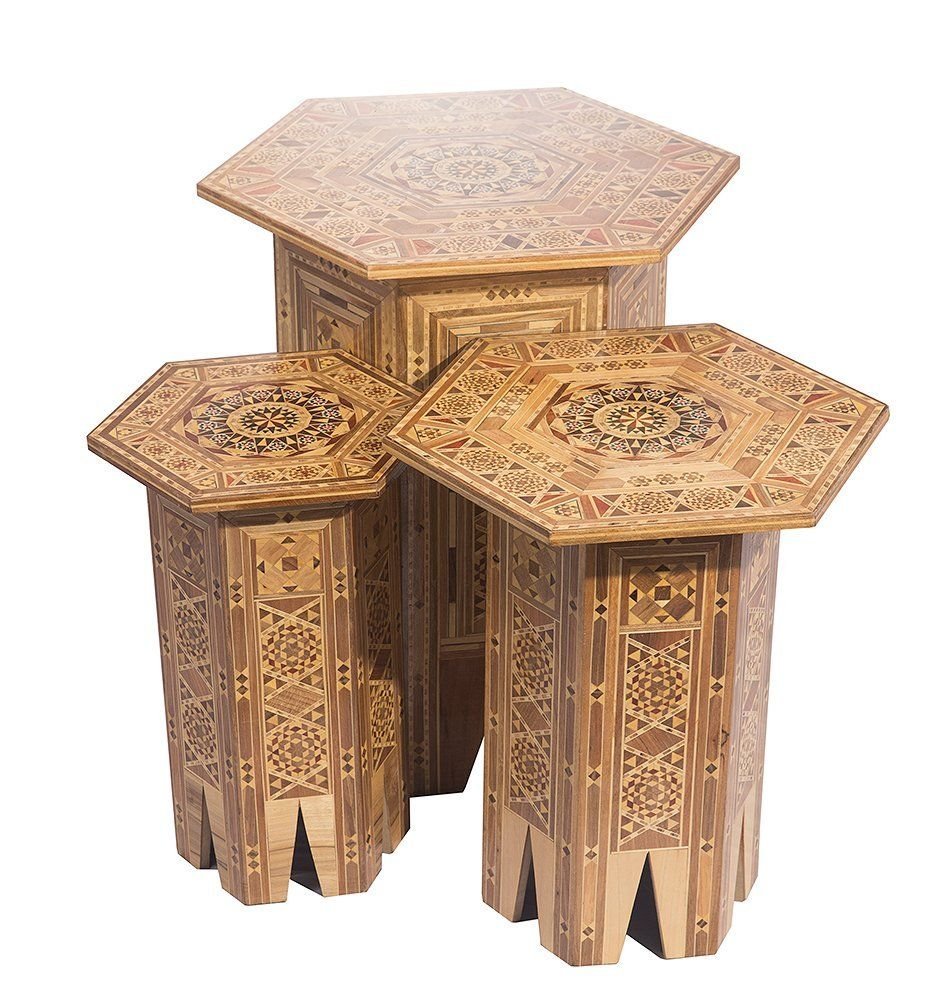 A Set Of Three SYRIAN Moorish octagonal Wood Tables: A Set Of Three SYRIAN Moorish octagonal Wood Tables.size Largest 20 inches high x 18 3/8 inches diameter.. Medium 16 1/2 inches high x 15 inches diameter.Small table 15 5/8 inches high x 12 inches dia