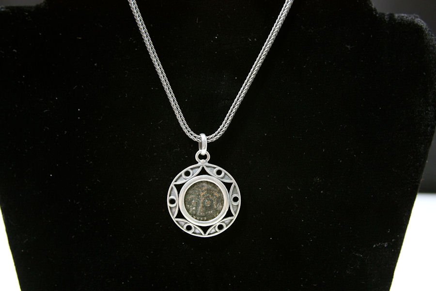 Ancient Judaean Bronze coin set in Silver Necklace (1 of 4)