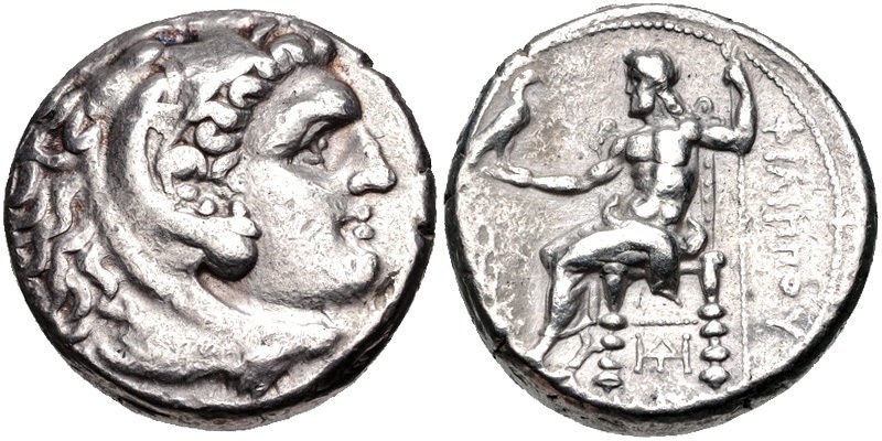 KINGS of MACEDON Philip III Arrhidaios. 323-317 BC.Coin: KINGS of MACEDON. Philip III Arrhidaios. 323-317 BC. AR Silver Tetradrachm (25mm, 17.09 g, 11h). Babylon mint. Struck under Archon, Dokimos, or Seleukos I, circa 323-318/7 BC. Head of Herakles right, 