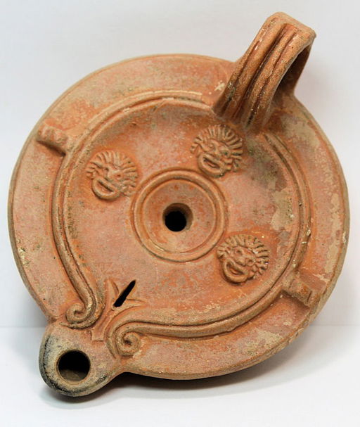 Ancient Roman Terracotta Oil Lamp With 3 Actors Masks