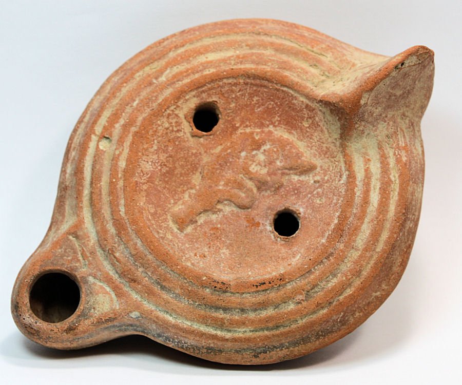 Ancient Roman Red Clay Oil Lamp with Dolphin c.200 AD (1 of 1)