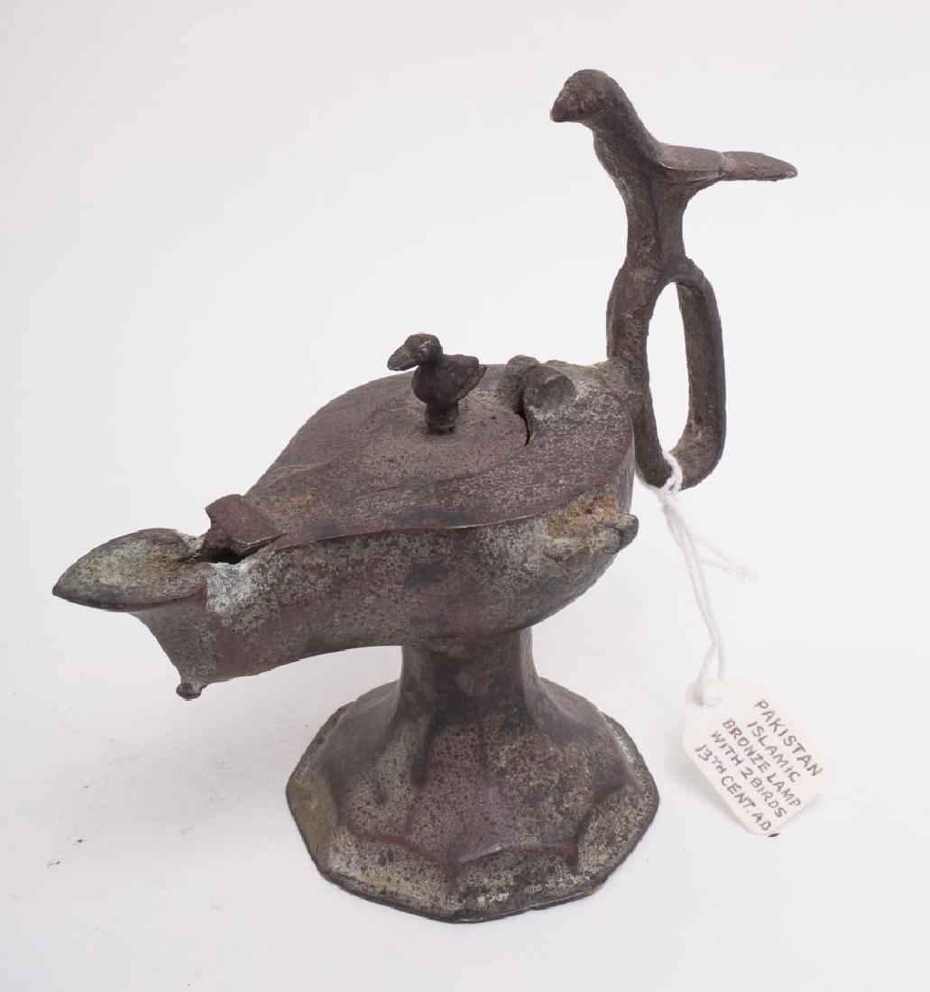 Ancient Islamic Khorasan Bronze Oil Lamp With Bird C.10