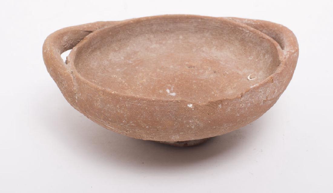 Ancient Egyptian Roman Terracotta Bowl with handles c.1: Ancient Egyptian Roman Terracotta Bowl with handles c.1st-2nd century AD. Size 4 3/8 inches Diameter x 1 1/2 inches high. CONDITION: Old Chips and wear but overall in excellent condition. Provenance: 