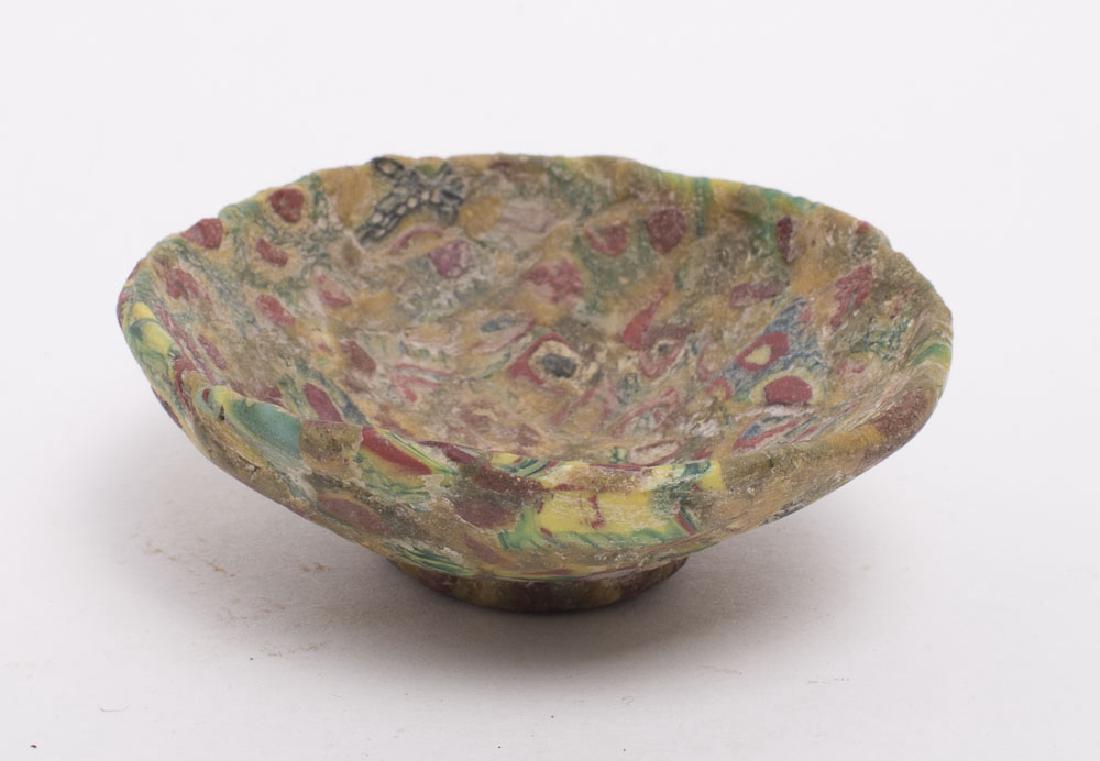 Ancient Islamic Mosaic Glass Bowl c.8th century AD.: Ancient Islamic Mosaic Glass Bowl c.8th century AD. Size 2 5/8 inches diameter. a small islamic period mosaic footed bowl. Condition: perfect. Provenance: Ex New York City Mr Rosen Collection.