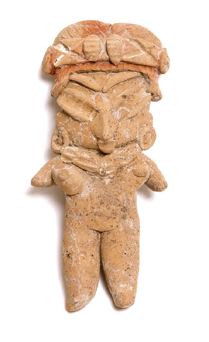 Ancient Pre Columbian Pottery figure c.100 BC-500 AD: Ancient Pre Columbian Pottery figure c.100 BC-500 AD. Size 3 3/4 inches high. Fine ancient Pre Columbian Pottery female figure. Condition: perfect. Provenance: from the estate of Robert Thompson of Ph
