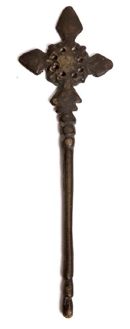 Ancient Byzantine Bronze Cross Pin c.7th century AD: Ancient Byzantine Bronze Cross Pin c.7th century AD. Size 5 1/4 inches length. Unusual form of ancient Byzantine Bronze pin with a Cross with central decoration. Condition:perfect. Provenance: from th
