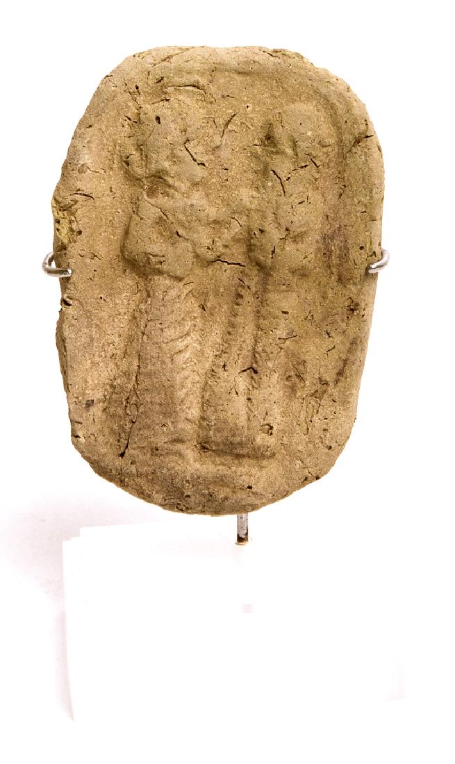 Ancient Babylonian Terracotta Plaque c.1900 BC: Ancient Babylonian Terracotta Plaque c.1900 BC. Size of plaque 3 1/8 x 2 inches. Fine Molded terracotta plaque with a relief of goddess facing a king or god? Condition:minor ware otherwise. Provenance