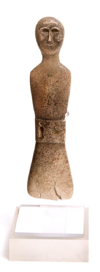 Ancient Anatolian Duckite Idol c.3300 BC: Ancient Anatolian Duckite Idol c.3300 BC. Size 3 5/8 inches high. Rare Ancient Duckite Idol with a seal impression in the center of a Duck facing a figure, the bottom carved with a seal impression of
