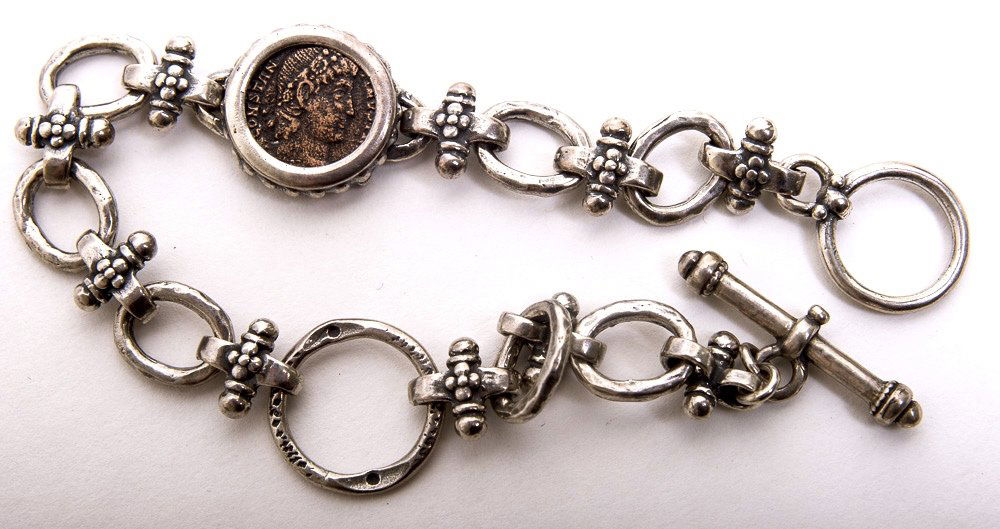 Ancient Roman Bronze coin set in Silver Bracelet c.4th (1 of 2)