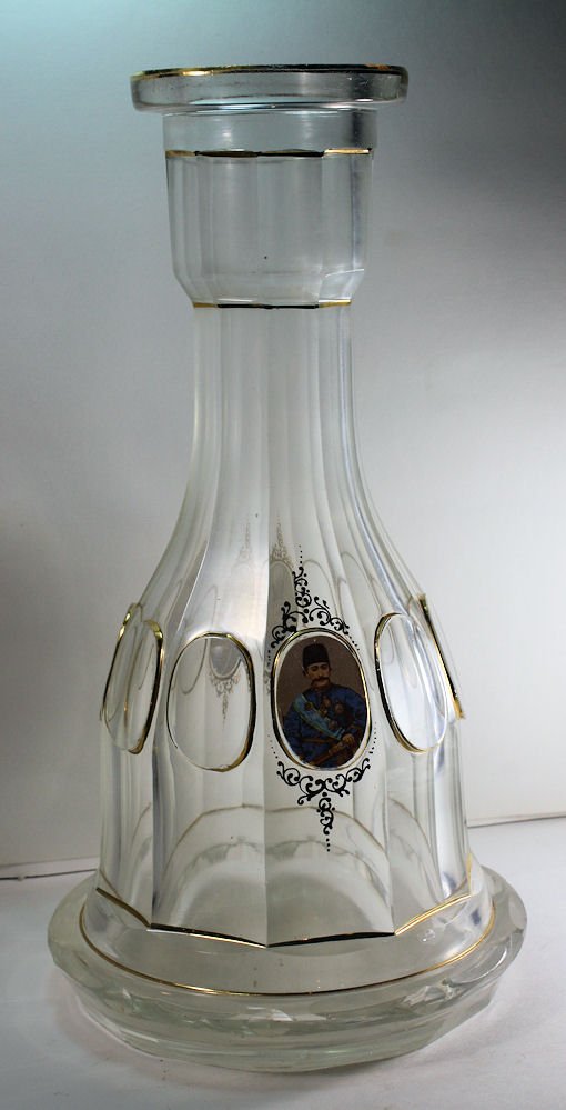 Bohemian Clear Glass Hookah Base Made for Islamic: Bohemian Clear Glass Hookah Base Made for Islamic Market. Size 11 1/2 inches high. Attractive clear Glass Hookah Base decorated with two medallion of the Shah. chipped at base otherwise Perfect condit