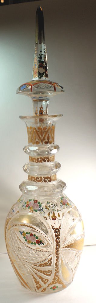 Bohemian Clear Glass Decanter Made for Islamic: Bohemian Clear Glass Decanter Made for Islamic Market. Size 18 3/4 inches high. Attractive clear Glass Decanter with Stopper decorated with gold and enamel. very small chip at base otherwise Perfect c