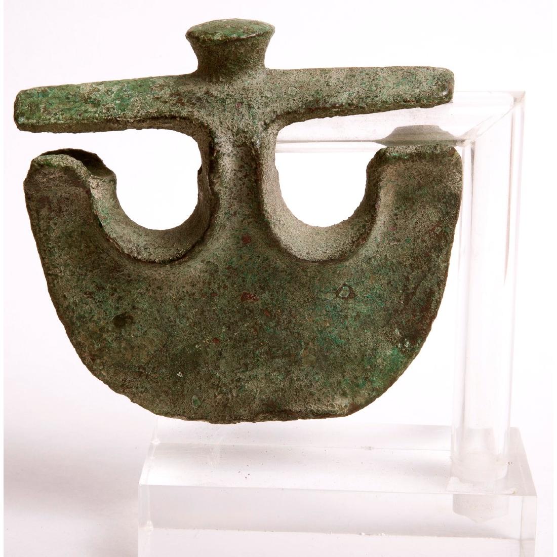 RARE ANCIENT BRONZE LURISTAN CRESCENT ANCHOR AXE C.1000: RARE ANCIENT BRONZE LURISTAN CRESCENT ANCHOR AXE C.1000 BC. Size of Axe 4 3/8 x 4 inches. Rare type heavy bronze Crescent Anchor Axe head. a Very unique and rare example only few known of this type. C