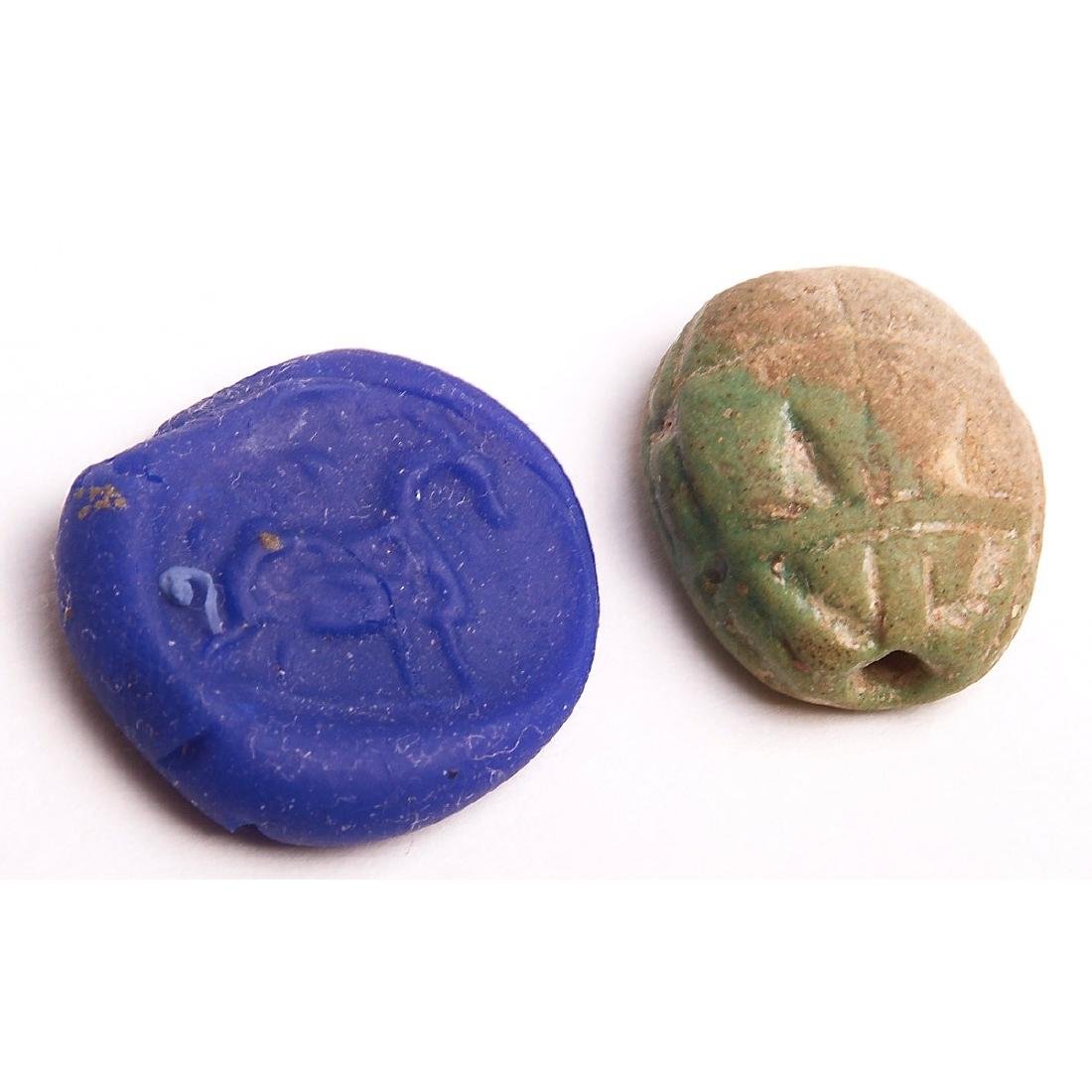 Ancient Canaanite Faience Scarab c.2nd Millennium BC.: Ancient Canaanite Faience Scarab c.2nd Millennium BC. Size 18 mm. Ancient Canaanite Green Faience Scarab seal with Standing Horse. condition: Perfect. Provenance: Ex The Time Machine New York City. Ac