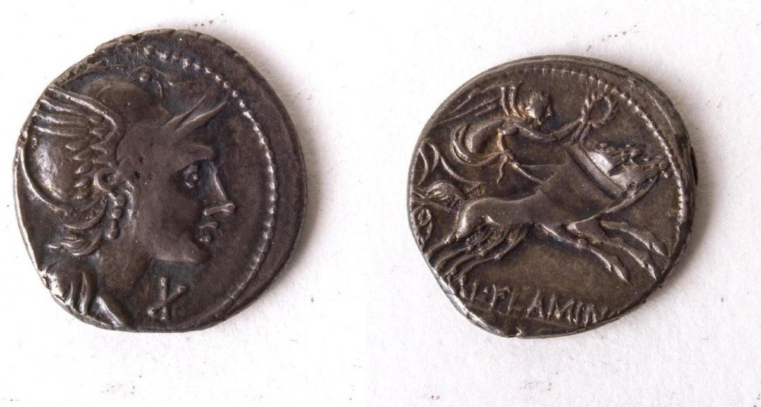 Ancient Roman Republic Silver Denarius L. Flaminius Chi (1 of 2)