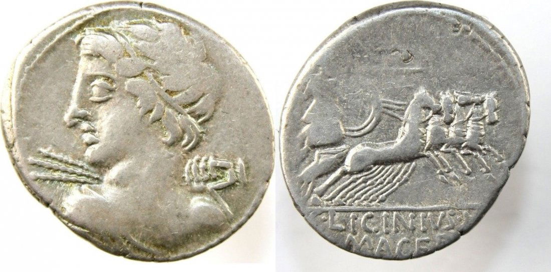 Ancient Roman Republic Silver Denarius C. Licinius L. f (1 of 1)