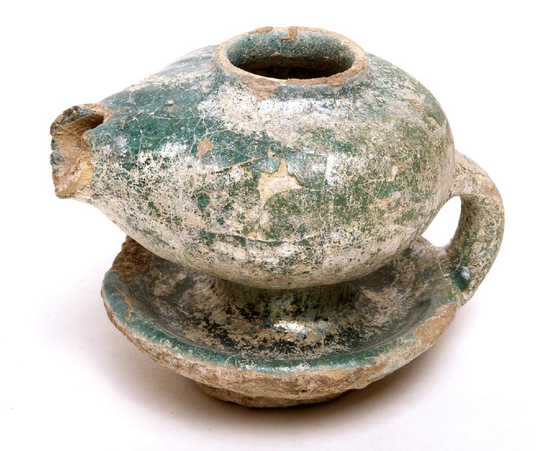 Islamic Pottery Oil Lamp w/ Turquoise Iridescence, (1 of 2)