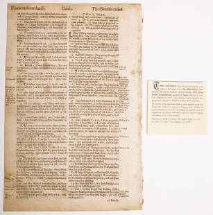 1632 King James Bible leaf – Folio edition – Isaiah 46: 1632 King James Bible leaf – Folio edition – Isaiah 46:2 – 49:15 . Size 12 1/2 x 8 1/4 inches. Condition: good. Provenance: EX Franke Zollman Maryland collection.