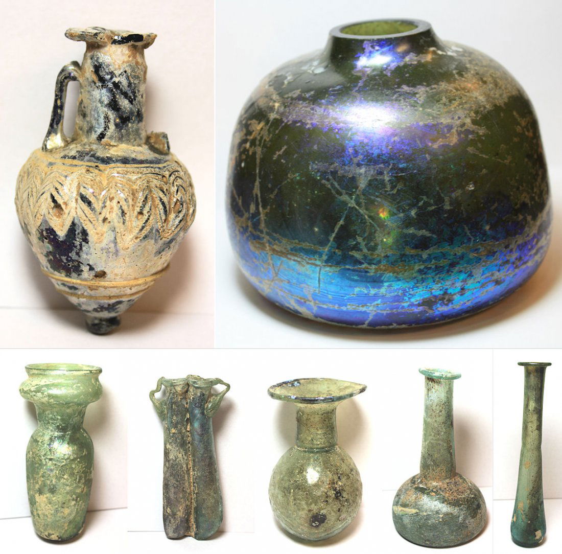 Collection of 7 Ancient Phoenician, Roman Glass Vessels