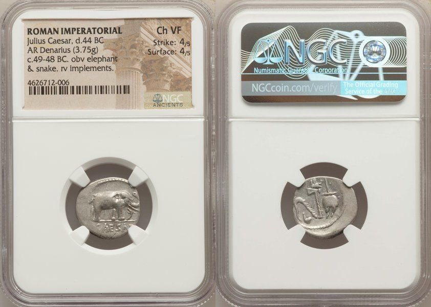 Ancient Roman Julius Caesar, as Dictator (49-44 BC): Ancient Julius Caesar, as Dictator (49-44 BC). AR silver denarius (3.75 gm). NGC Choice VF 4/5 - 4/5. Military mint traveling with Caesar in northern Italy, 49 BC. CAESAR, elephant advancing right, tr