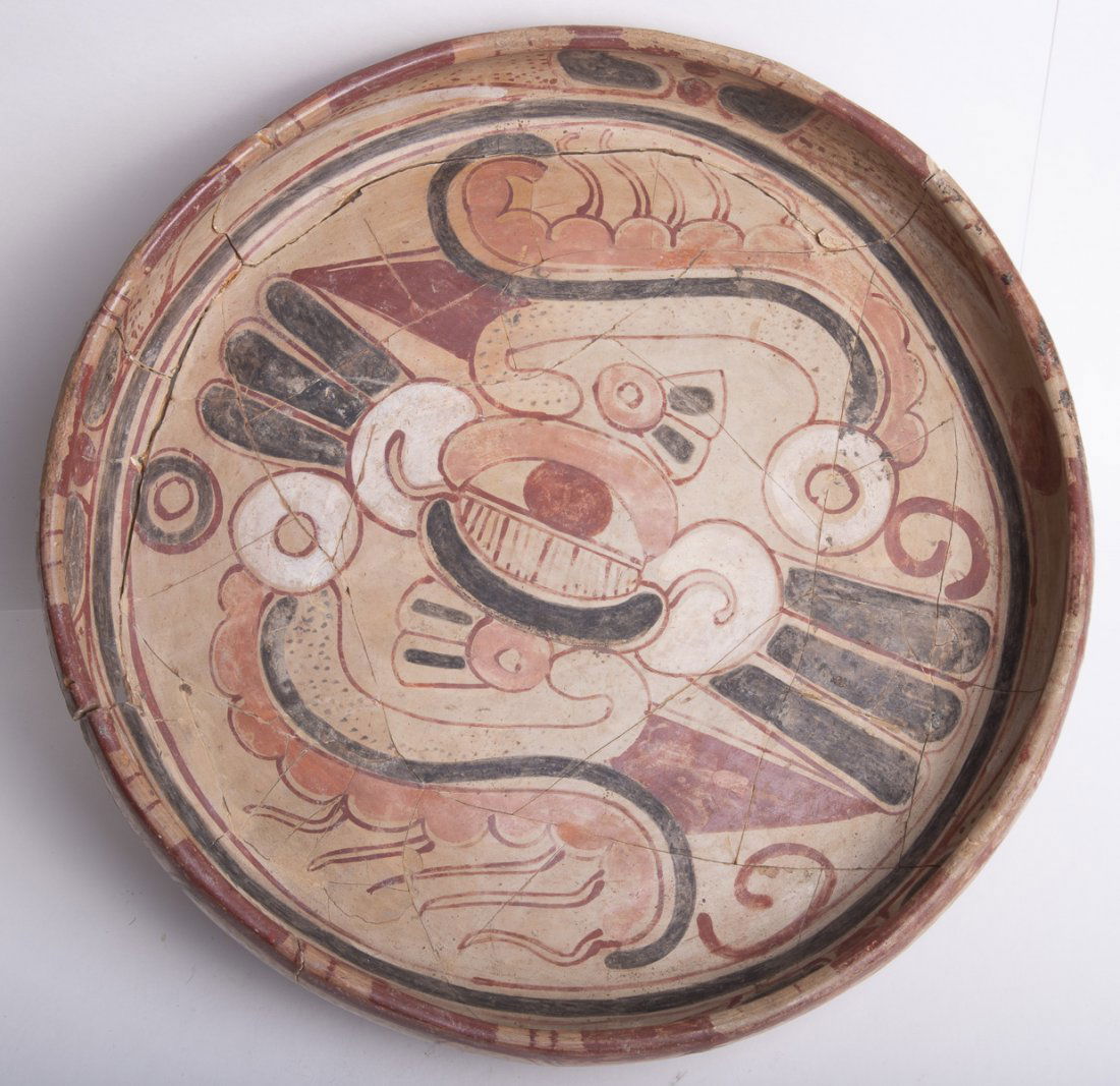 Ancient Large Mayan Polychrome Pottery Tripod Plate Lat