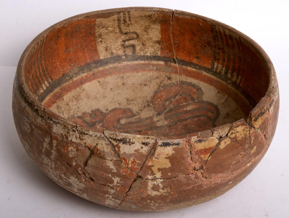 Ancient Pre Columbian Mayan Polychrome Glyph Bowl, (1 of 3)
