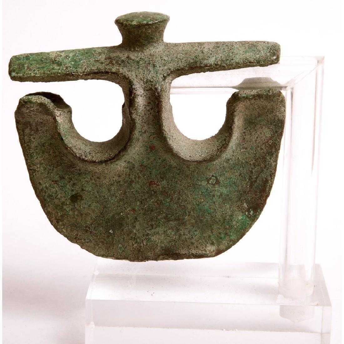 RARE ANCIENT BRONZE LURISTAN CRESCENT ANCHOR AXE C.1000: RARE ANCIENT BRONZE LURISTAN CRESCENT ANCHOR AXE C.1000 BC. Size of Axe 4 3/8 x 4 inches. Rare type heavy bronze Crescent Anchor Axe head. a Very unique and rare example only few known of this type. C