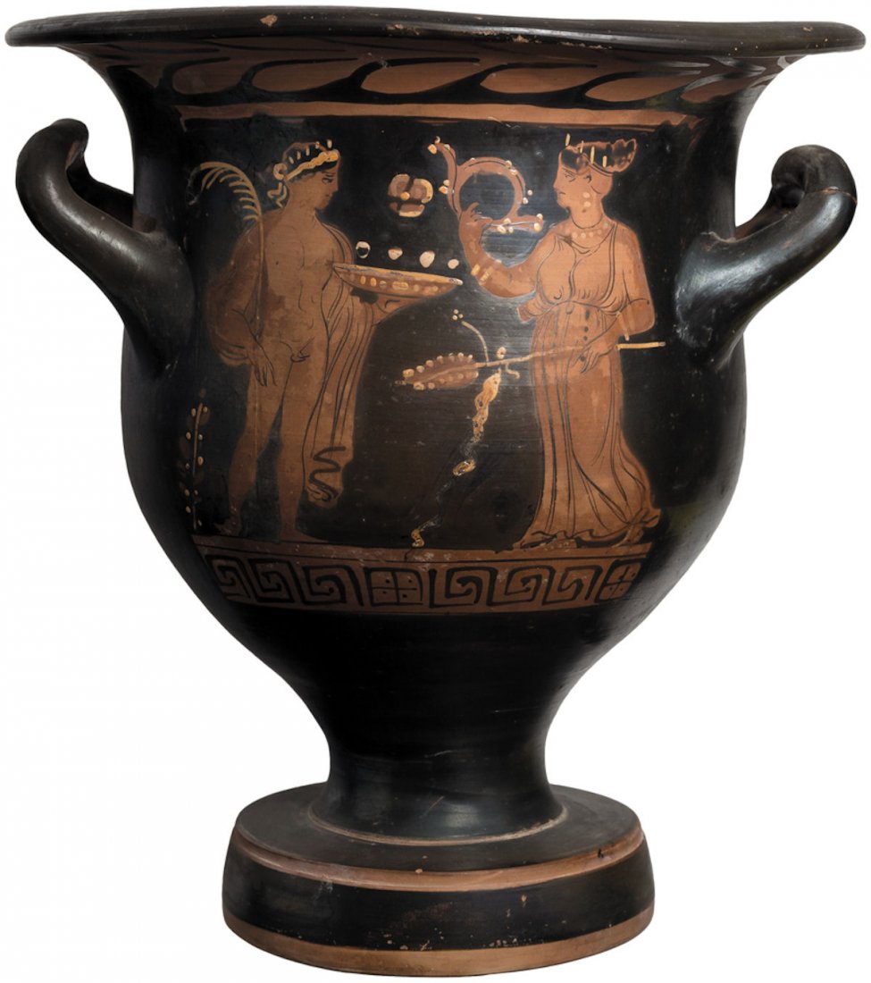 Apulian Red-Figure Bell Krater by Long Overfalls Painte: Ancient Apulian Red-Figure Bell Krater by Long Overfalls Painterca. 380-370 BC. Side A: Semi-nude wreathed youth facing right, draped woman holding a thyrsos facing left, Side B: Two draped youths wit