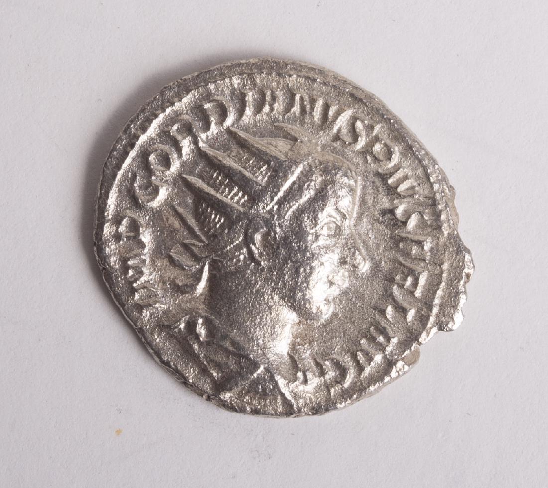 Ancient Roman Silver Antoninianus Gordian III. A.D. 238: Ancient Roman Silver Antoninianus Gordian III. A.D. 238-244. AR antoninianus. 4.08 gm. 23 mm. Rome mint. 5th officina. 9th emission, AD 241. Radiate, draped, and cuirassed bust right / Apollo seated l