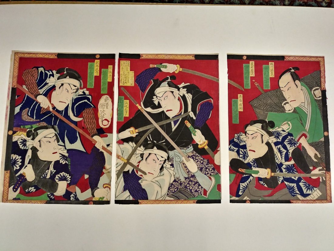 Lot of 3 ORIGINAL JAPANESE WOODBLOCK PRINT triptych: Lot of 3 ORIGINAL JAPANESE WOODBLOCK PRINT triptych. artist: CHIKANOBUdate ;19th century (Meiji period)size :14.5"X10" (each print)