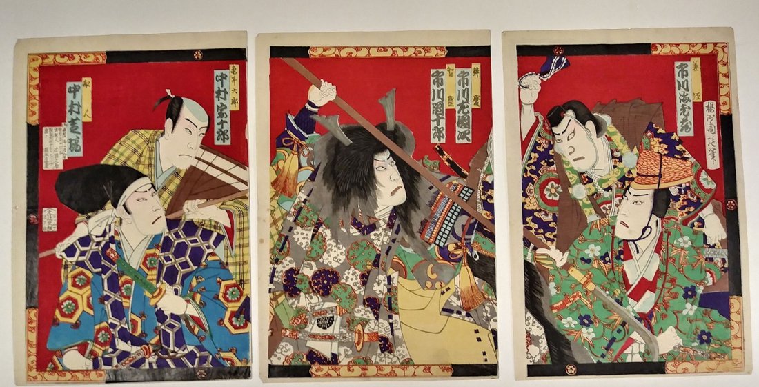 Lot of 3 ORIGINAL JAPANESE WOODBLOCK PRINT triptych: Lot of 3 ORIGINAL JAPANESE WOODBLOCK PRINT triptych. artist: KUNIMASA. date ;19th century (Meiji period)size :14.5"X10" (each print)