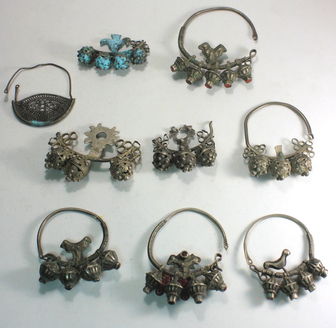 Lot of 9 Turkmenistan Silver Earring Tribal Jewelry (1 of 2)