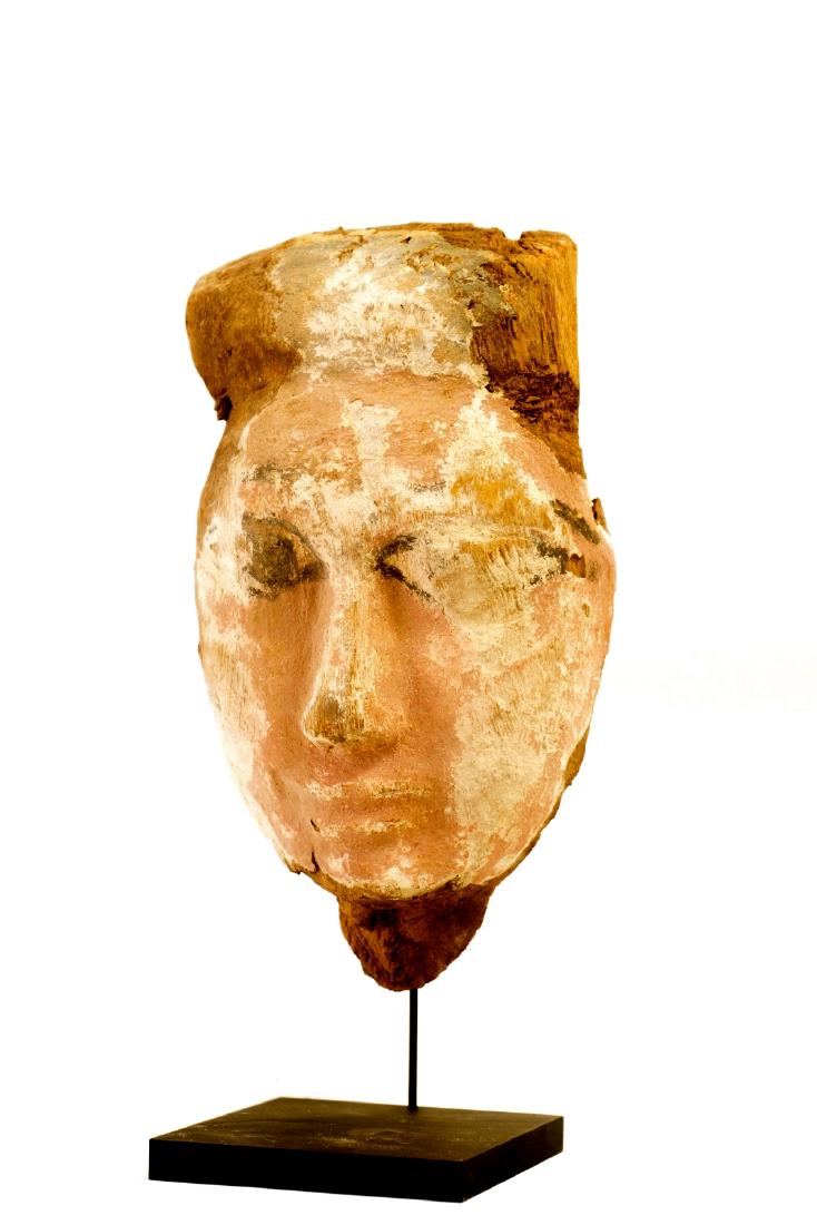 Ancient Egyptian Mummy Wood Mask c.664-332 BC.: Ancient Egyptian Mummy Wood Mask c.664-332 BC. Size 10 inches high x 5 1/2 inches wide + Mount. Fine Ancient Egyptian Mummy Wood Mask with fine details. Condition: ware and losses otherwise in good co