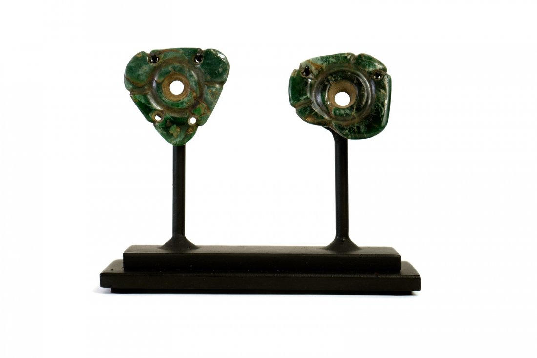 Pre Columbian Mayan Jade Earspools with stand (1 of 4)
