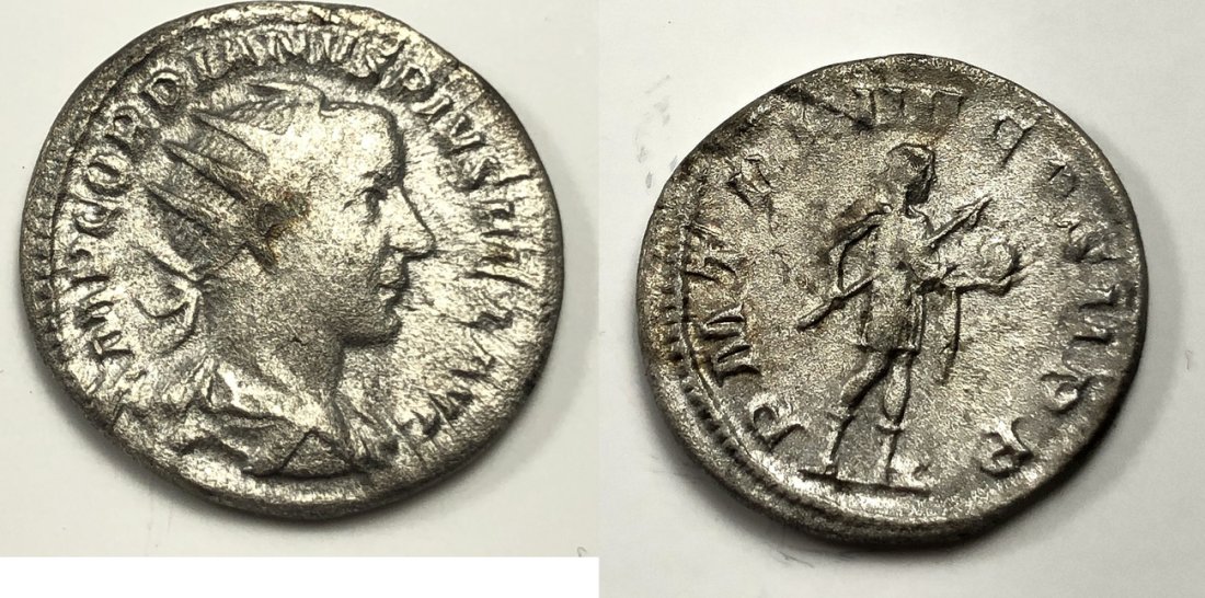 Gordian III. AD 238-244. AR Antoninianus (22mm, 3.76 gm: Gordian III. AD 238-244. AR Antoninianus (22mm, 3.76 gm). Rome mint. 9th emission, AD 241. Radiate, draped and cuirassed bust right, seen from behind / Gordian standing right, holding spear and globe.