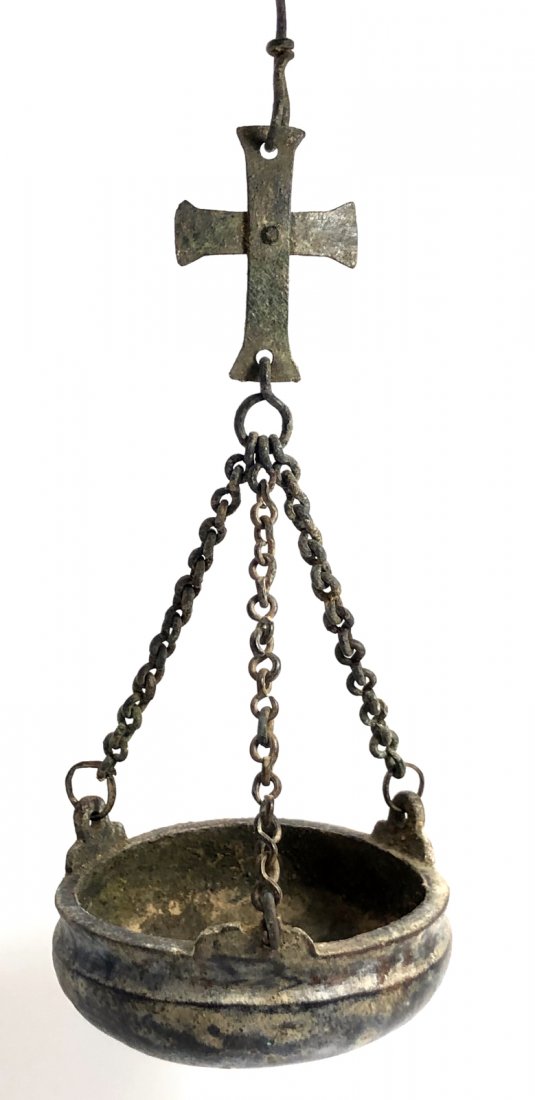 Ancient Byzantine Bronze Hanging Lamp with a Cross c.6t (1 of 3)