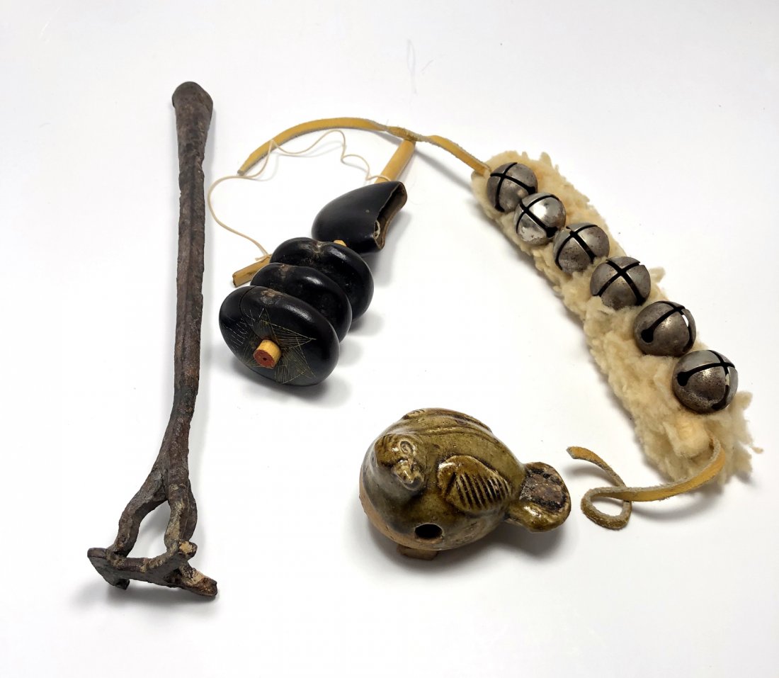 Lot of 4 articles Slave bells, Ceramic bird Trade Stamp: Lot of 4 articles Slave bells, Ceramic bird, Trade Stamp. Size: 3 inches - 10 1/4 inches Provenance: Ex Guy Clark estate VA USA.