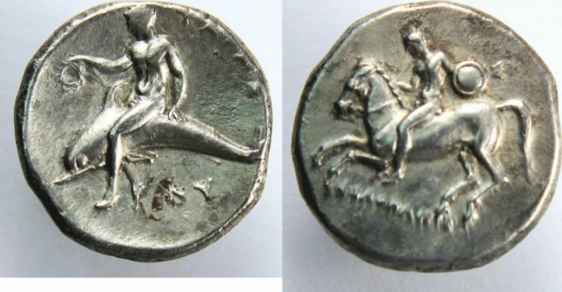 CALABRIA. Tarentum. Ca. 344-340 BC. AR stater, Dolphin: CALABRIA. Tarentum. Ca. 344-340 BC. AR stater or didrachm. Dolphin. (22mm, 7.87 gm). Nude youth on horseback left, holding Shield / Taras astride dolphin left, holding wreath in outstretched right han