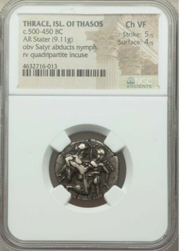 THRACIAN ISLANDS. Thasos. Ca. 525-450 BC. AR stater (22: THRACIAN ISLANDS. Thasos. Ca. 525-450 BC. AR (silver) stater (22mm, 9.11 gm). NGC Choice VF 5/5 - 4/5. Thasian standard. Nude ithyphallic satyr running right, carrying struggling nymph, her right hand