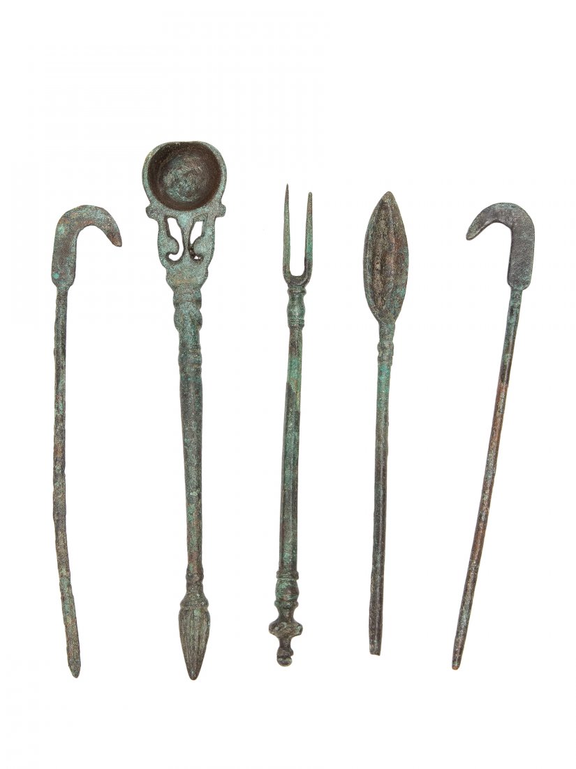 Lot of 5 Ancient Islamic Medical Bronze Tools: Lot of 5 Ancient Islamic Medical Bronze Tools c.8th/12th century AD. Size 6 - 5 1/4 inches length. Great collection of five bronze medical tools consist of spoons. fork, and two scrapers. all in fair 