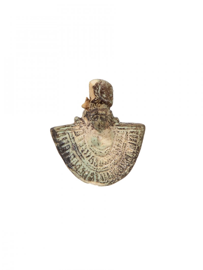 Ancient Egyptian Faience Bastet Aegis amulet c.664-332: Ancient Egyptian Faience Bastet Aegis amulet c.664-332 BC. Size 1 1/2 x 1 3/8 inches. Rare green faience amulet of Bastet aegis with suspension loop. suspensioon loop repaired with losses and wear. Ex