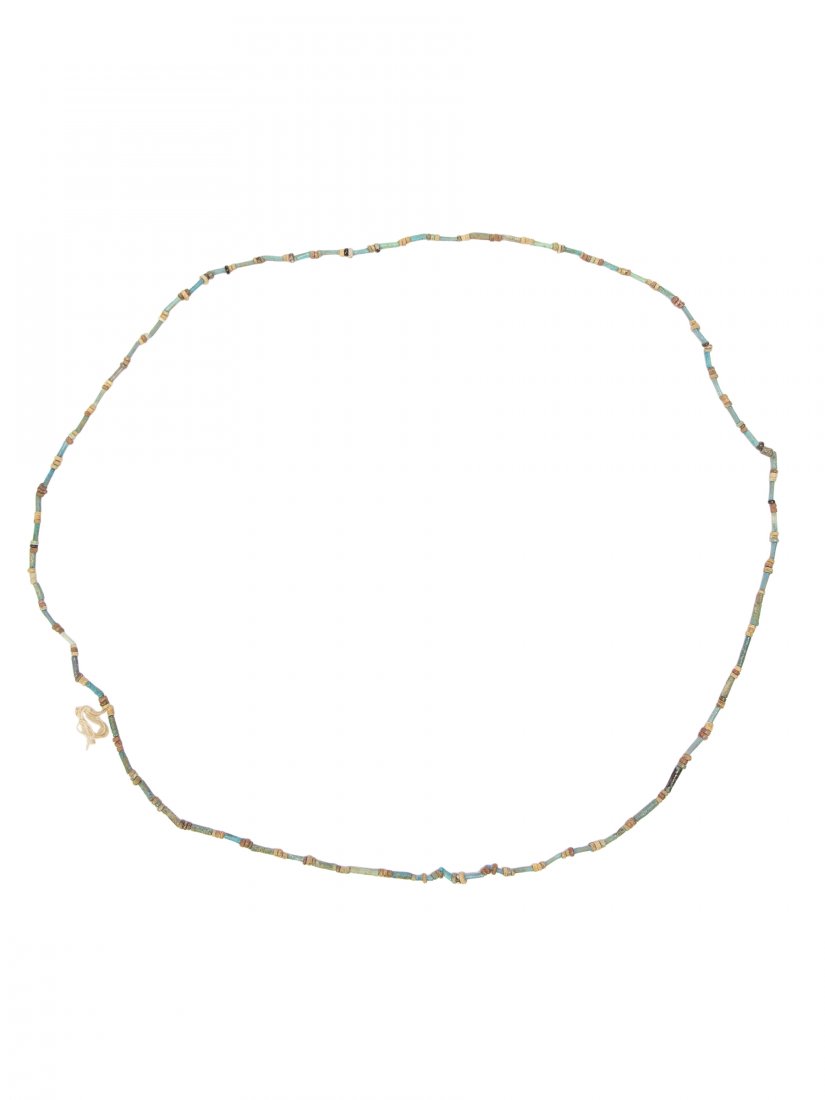 Ancient Egyptian Faience Beaded Necklace Late period,: Ancient Egyptian Faience Beaded Necklace Late period, ca. 700-30 B.C.Size: About 34 inches Length open.Ancient faience pottery single strand necklace, composed of tubular beads alternated with small d