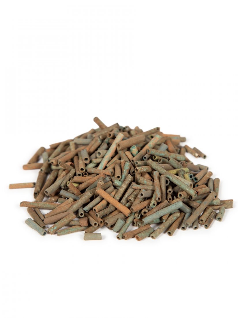 Lot of 1+ OZ of Loose Ancient Egyptian Faience BEADS: Lot of 1+ OZ of Loose Ancient Egyptian Faience Mummy Beads c.300-30 BC. Size 0 1/2- 0 3/4 inch length. Tubelar shape green faience beads, would probably make 2 necklaces. Ex Franke Zollman, MD USA.