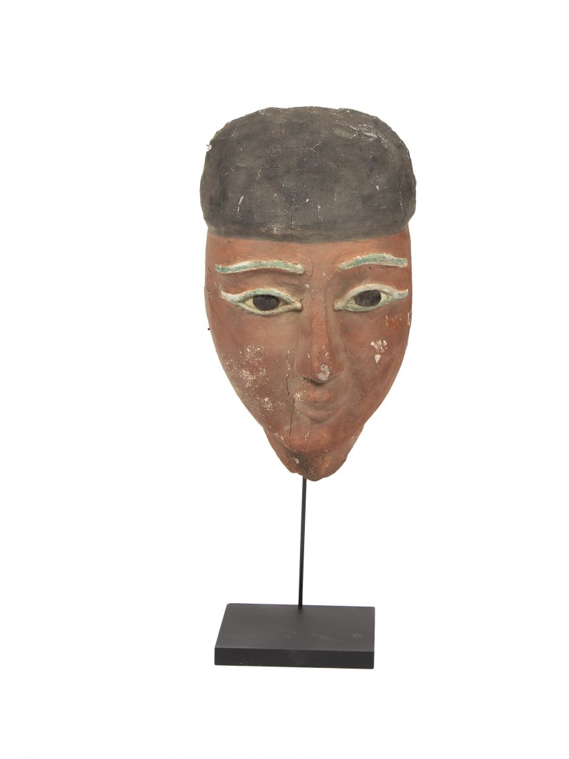 Ancient Egyptian Mummy Wood Mask With Bronze Eyes: Ancient Egyptian Mummy Wood Mask With Bronze Eyes c.664-332 BC. Size 10 inches high x 5 1/2 inches wide + Mount. Fine Ancient Egyptian Mummy Wood Mask with inlaid Bronze Eyes and eye brows, eyes inlai