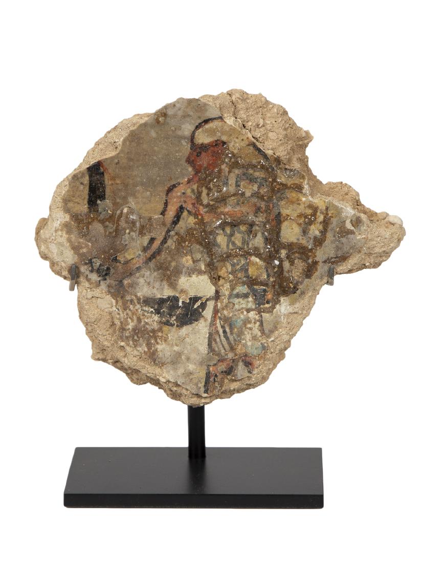 Ancient EGYPTIAN POLYCHROME WALL PAINTING FRAGMENT NEW: Ancient EGYPTIAN POLYCHROME WALL PAINTING FRAGMENT NEW KINGDOM, DYNASTY XX, 1186-1069 B.C. Size 6 1/4 x 5 1/2 inches. Depicting a standing male facing left holding a staff in his righ hand, painted on